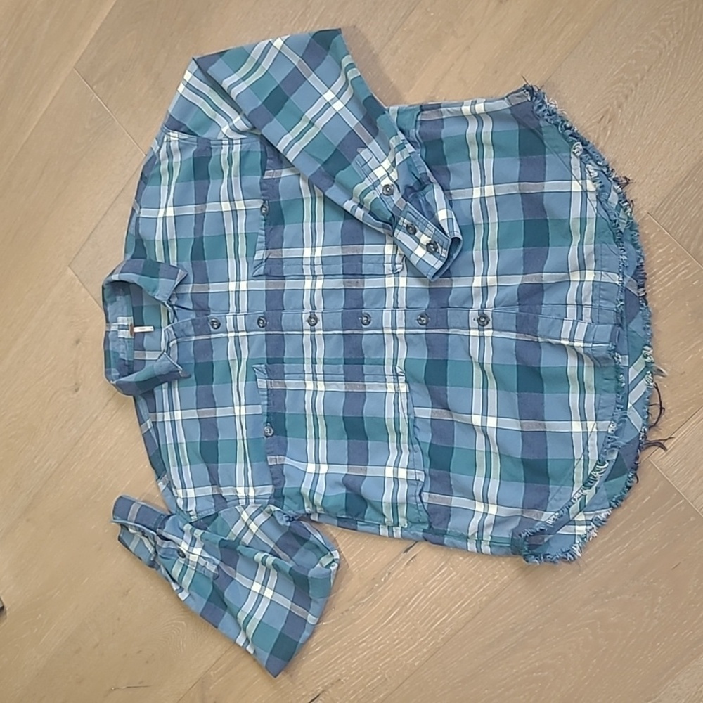 Free People Flannel Shirt Women's Medium Blue Plaid Raw Hem Long Sleeve Shirt
